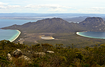 Freycinet Peninsula Circuit: Hazards beach (on the left) and Wineglass Bay beach (on the right) as viewed from Mt Graham (578m) - by Bo